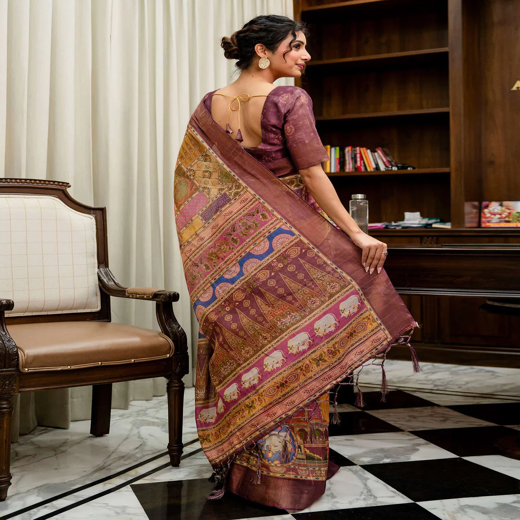 Multicoloured Shimmer Silk Printed Kalamkari Saree - Image 4