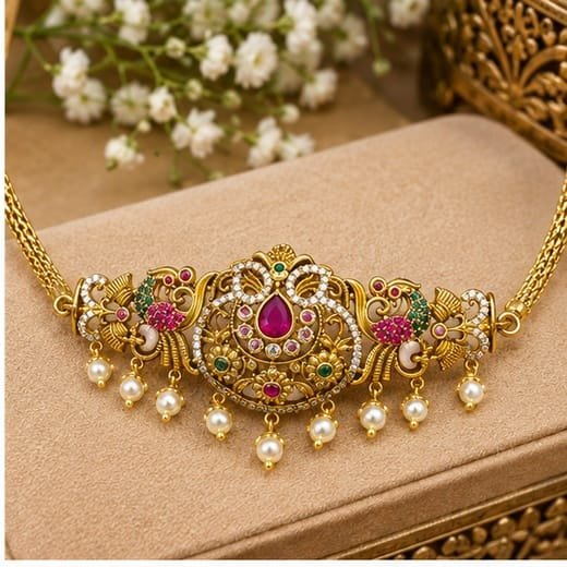 Matte finishing peacock design and multi-stones Choker - Image 2