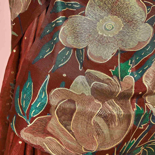 Ready To Wear Maroon Silk Foil Printed Saree - Image 3