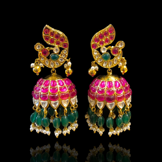 Matte finishing peacock-inspired pink Gemstones and pearl drops Jhumka’s - Image 2