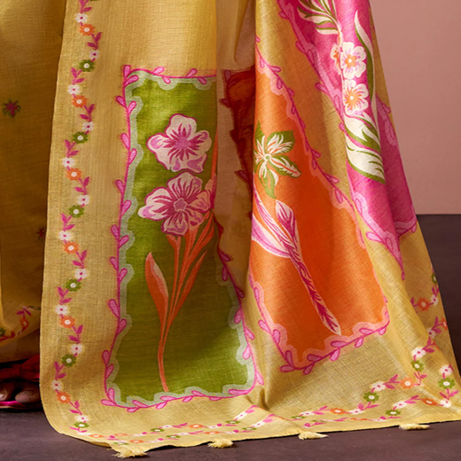 Light Yellow Silk Printed Saree - Image 3