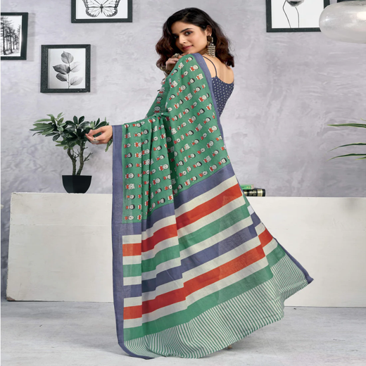 Ready To Wear Teal Green Cotton Printed Saree - Image 4