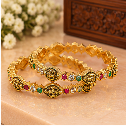 Matte Finishing With Lord Lakshmi White Stones Bangle - Image 2