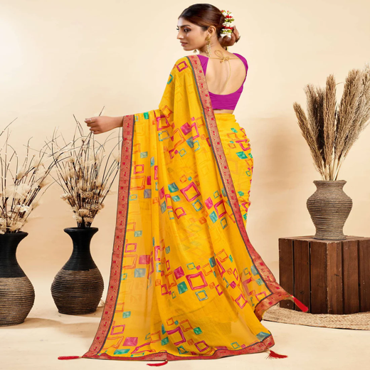 Yellow Chiffon Printed Saree - Image 4