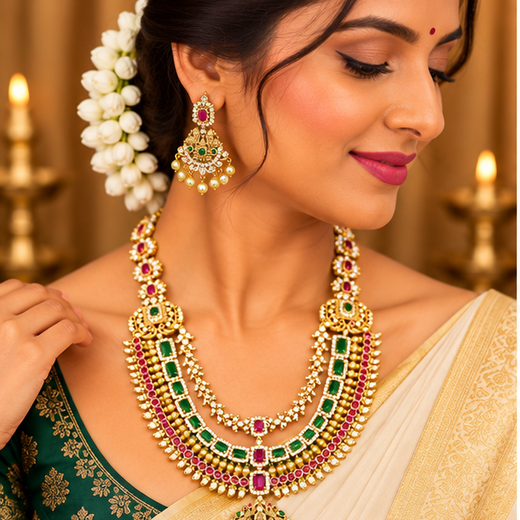 Long Gold Necklace with Pink & Green Stones | Artificial Jewellery - Image 2