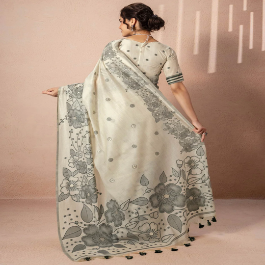 Beige Chanderi Cotton Woven Saree - Image 4
