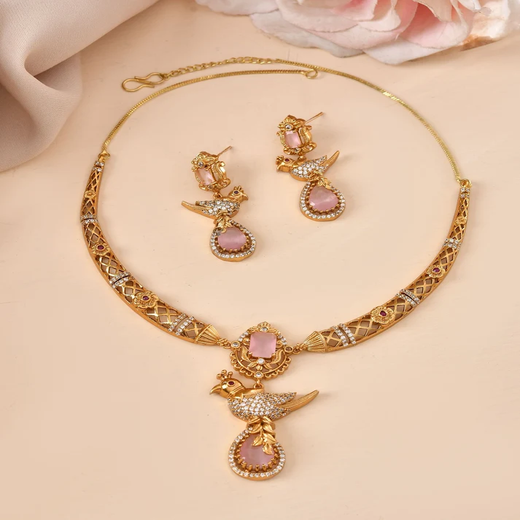 Peacock design with AD Baby-Pink Zircon & Moissanite Stones - Image 3