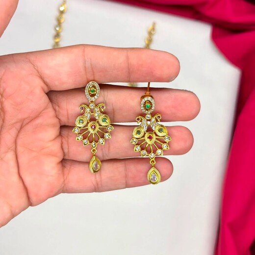Matte finishing peacock design multi stones Short Necklace - Image 2