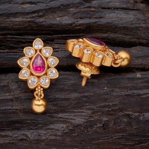 Matte Finishing Floral Design With Pink Stones Earring - Image 3