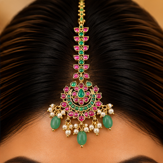 Jadau Kundan Finishing Floral Design Green Beads Maang Tikka - Image 4