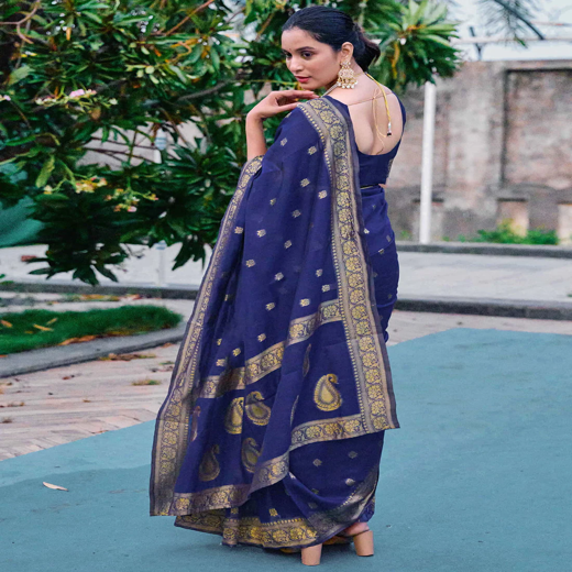 Navy Blue Chanderi Woven Saree - Image 4