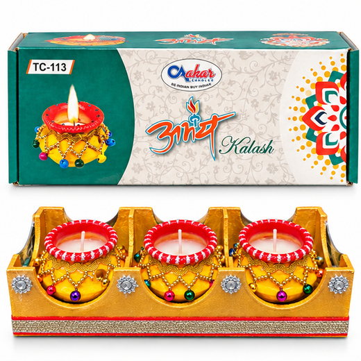 3pc Abhay Kalash Decorated Diya With Decorated Wooden Tray Gift Pack (TC-113) (Box Size: 10.5*4 Inch) 🕯️🎁 - Image 3
