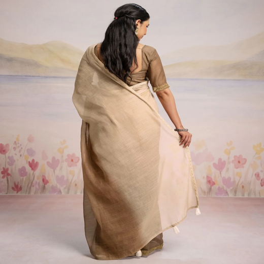 Ready To Wear Brown Linen Ombre Lace Saree With Pocket - Image 4