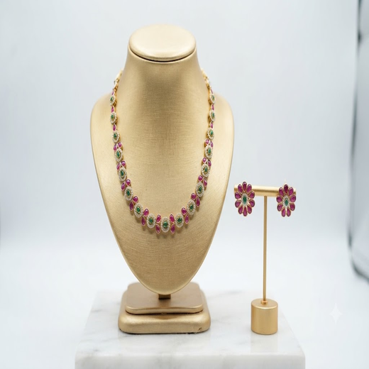 Matte finishing American Diamonds with Green stones Short Necklace