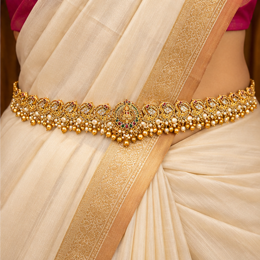 Matte Finishing Peacock Design With Multi-Stones Chain Vaddanam - Image 4
