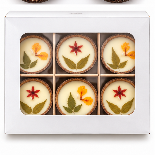 Scented Candles With Flowers & Leaf Decoration In Nariyal (Mix Size) - 1 Piece 🥥🕯️ - Image 3
