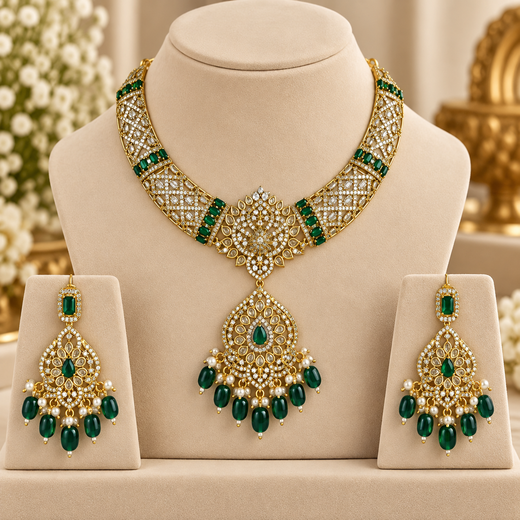 Matte finishing peacock with Green stones Short Necklace