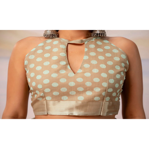 Beige Linen Printed Zari Border Saree - Image 2