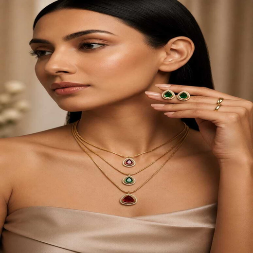 Premium Three layered AD Stones With Green,red White stone Necklace - Image 4