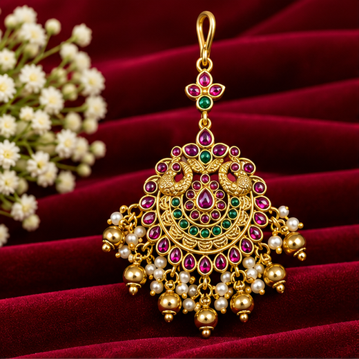 Matte Finishing Peacock Design Pink & Geen Stones With Golden Balls Maang Tikka
