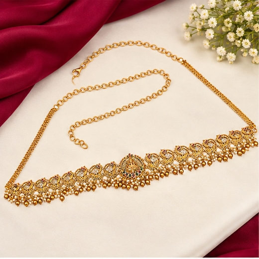 Matte Finishing Peacock Design With Multi-Stones Chain Vaddanam