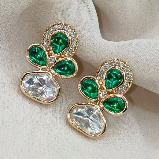 Rose-Gold With Green Stones Polki Diamonds Studs
