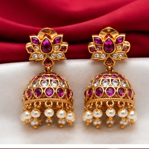 Matte Finishing Flower Design Pink & White Stones With White Pearls Jhumkas Earring