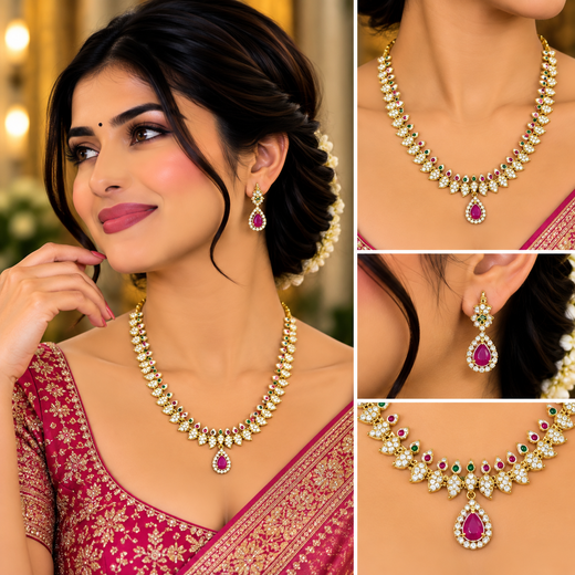 Matte finishing American Diamond with Pink Stone Short Necklace - Image 4