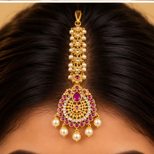 Matte Finishing Floral Pink Stones Maag Tikka - Image 4