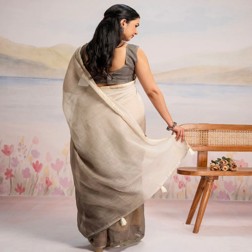 Ready To Wear Khaki Linen Ombre Lace Saree With Pocket - Image 4