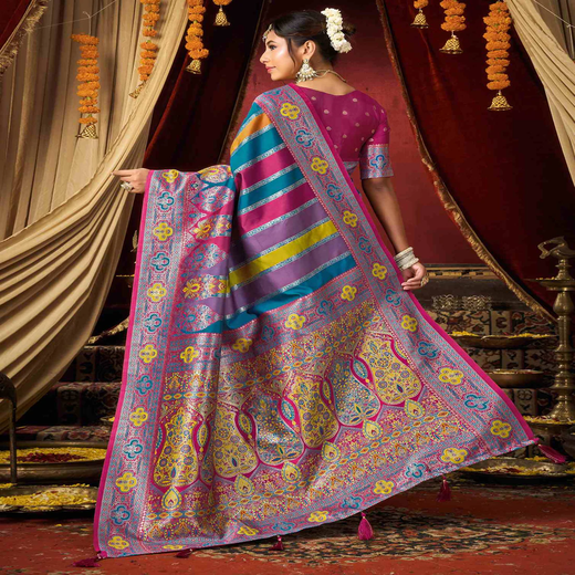 Teal Blue Silk Woven Banarasi Saree - Image 4