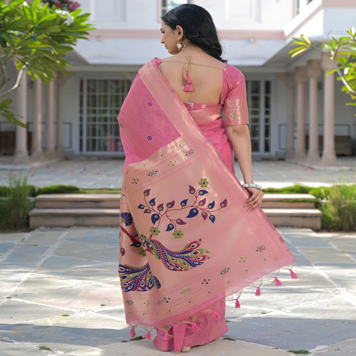 Rose Pink Cotton Woven Paithani Saree - Image 4
