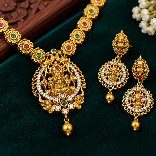 Gold Plated Long CZ Laksmi Necklace Set - Image 3