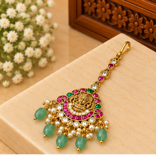 Jadau Kundan Finishing With Pink Stones Lord Lakshmi Maang Tikk - Image 2