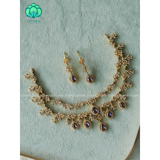 Matte finishing Floral Zircon & Ad Stones purple Short Necklace - Image 3