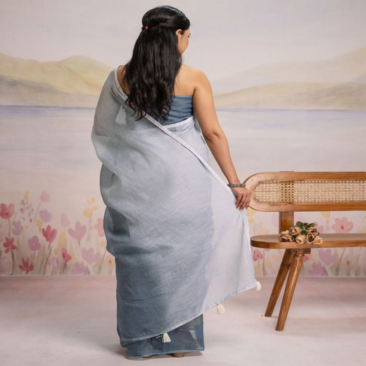 Ready To Wear Dark Grey Linen Ombre Lace Saree With Pocket - Image 4