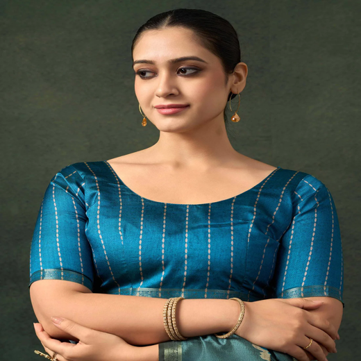 Dusty Teal Blue Silk Printed Saree - Image 3