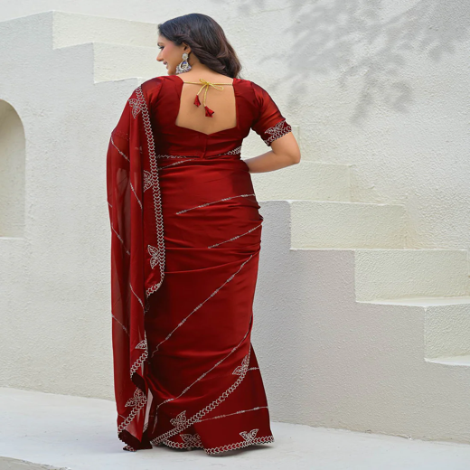 Maroon Silk Stone Work Swarovski Saree - Image 4