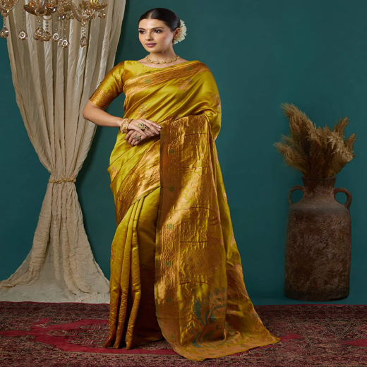 Mustard Green Silk Woven Banarasi Saree