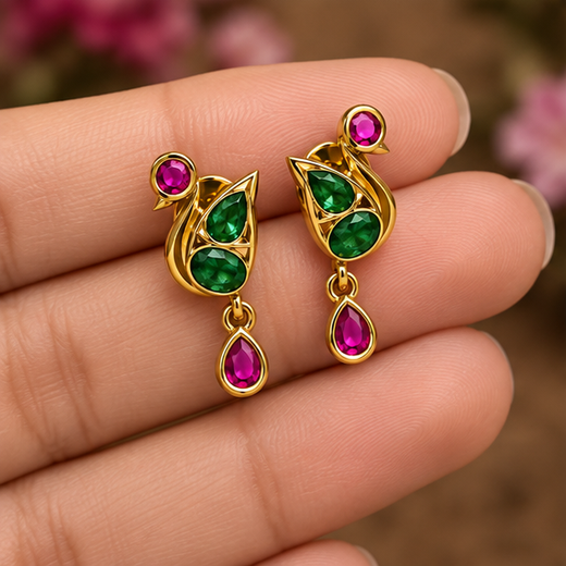 Matte Finish Peacock Design Pink Sone Drop Studs Earring - Image 3