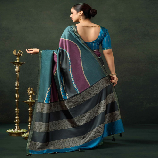 Dusty Teal Blue Silk Printed Saree - Image 4