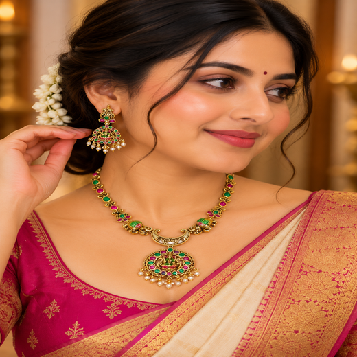 Meenakari Enamel Antique finish With lord Lakshmi Short Necklace - Image 4