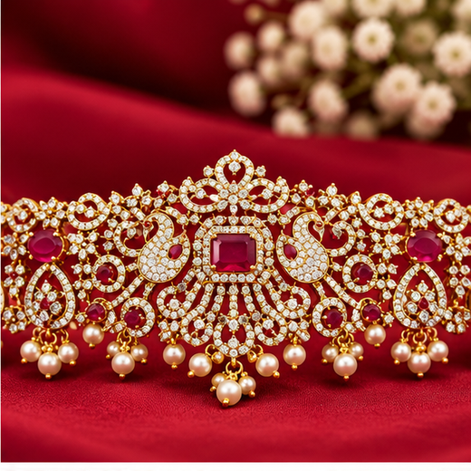Victorian Finishing With Pink Stones And Peacock Deigned Chain Vaddanam - Image 2