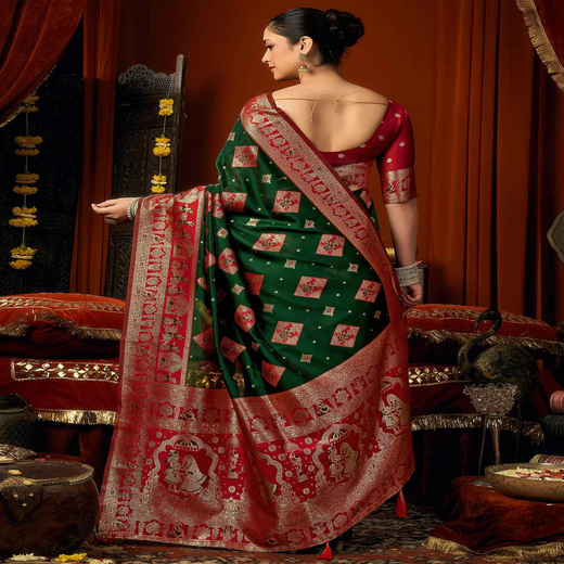 Dark Green Silk Woven Banarasi Saree - Image 4