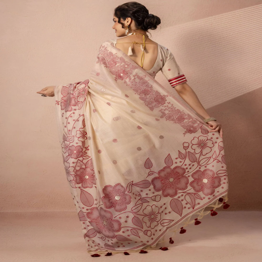 Beige Chanderi Cotton Woven Saree - Image 4
