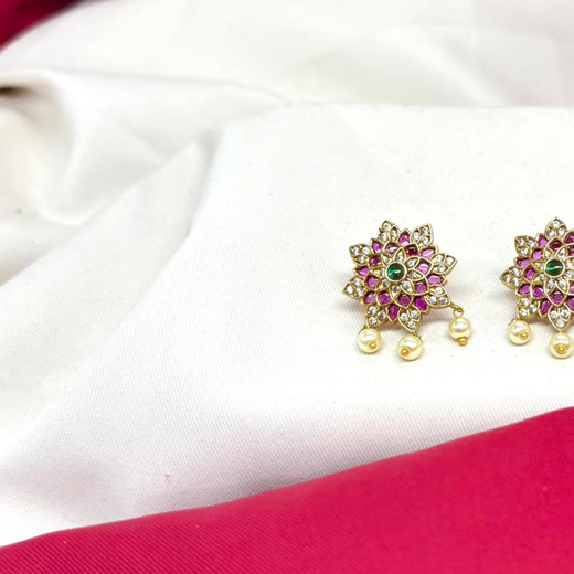 Gold-tone pink-Green jadau kundan lotus earring - Image 2