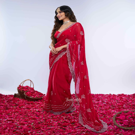Mouni Roy Crimson Rose Zari Embroidery Saree - Image 4