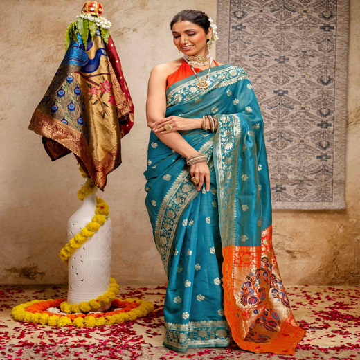 Teal Blue Silk Woven Paithani Saree - Image 4