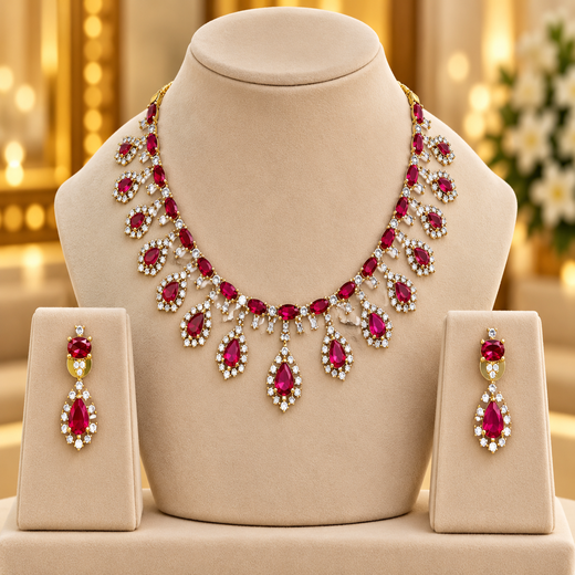 Victorian finishing American Diamond and Red stones Short Necklace