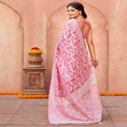 Light Pink Chanderi Woven Saree - Image 4